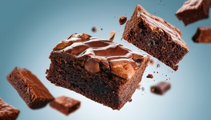 delicious chocolate brownies are flying through air showcasing their rich texture and glossy surface creating mouthwatering scene of indulgence and delight