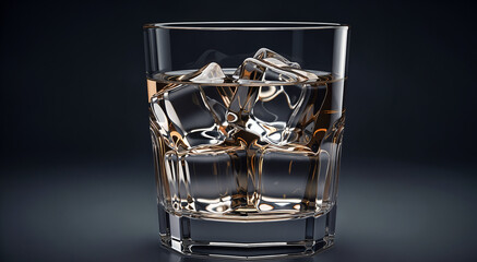 Fototapeta premium Whiskey in a glass with ice cubes, amber liquid, sophisticated alcoholic drink