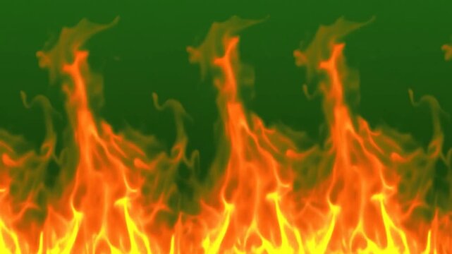 Realistic fire flames rising from the bottom on a dark green background