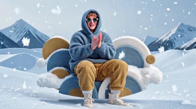 Jovem sentado de forma alegre e espont&acirc;nea enquanto o ambiente se transforma da praia ensolarada para inverno com neve, conceito criativo de mudan&ccedil;a de esta&ccedil;&atilde;o e contraste clim&aacute;tico