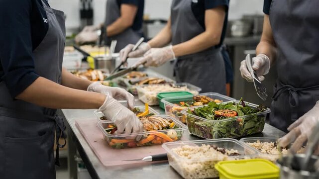 Medium shot of a mealprep service team packaging fresh meals at separate branded stations highlighting focused hands with shared kitchen tools faintly visible