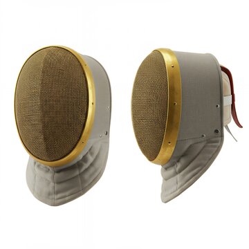 Luxury Gold Fencing Mask with White Leather Bib, Premium Professional Protective Helmet for Elite Athletes and Competition Isolated on White Background.