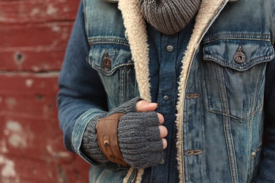 Man Wearing Denim Jacket with Scarf and Gloves.