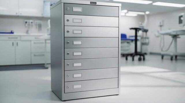 Sharp focus on a tall cabinet with multiple lockable compartments contrasting with outoffocus clinical workspace around it.