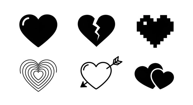 Collection of various black heart icons displaying different symbols of love and emotion.