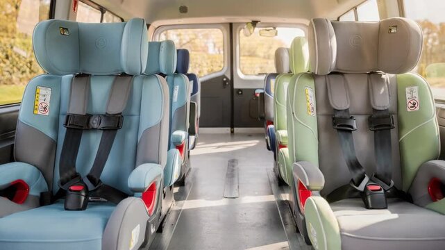 Interior of a childsafe minibus showing neatly arranged booster seats with soft cushioning emphasizing safety and comfort for young passengers during transport.