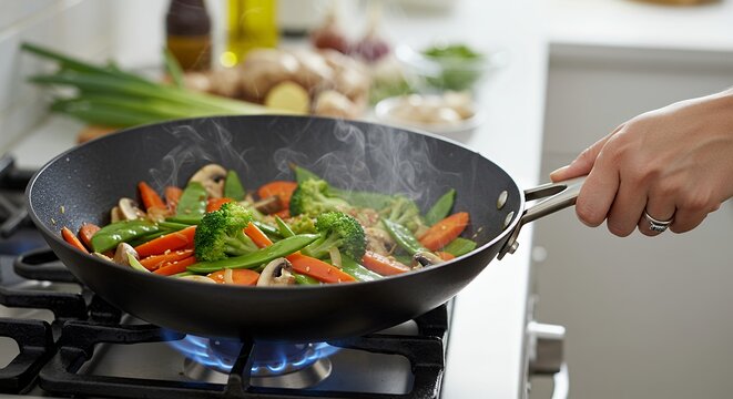 Fresh Broccoli and Carrots Stir-Frying in a Wok with Steam, Healthy Vegetarian Meal Preparation in a Modern White Kitchen, Close-up of Pan Handle
