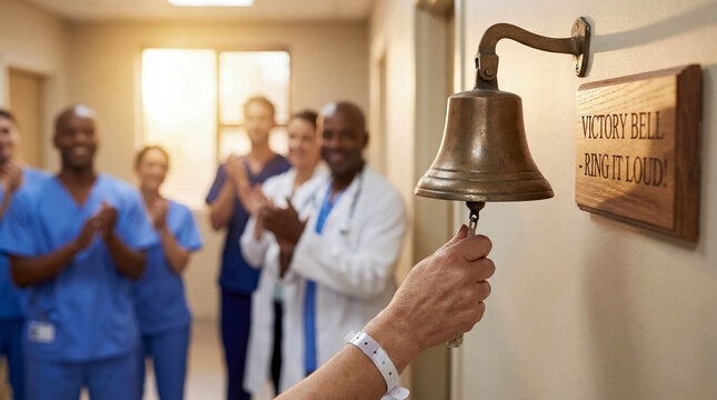 Cancer survivor ringing victory bell in hospital oncology ward finish treatment remission hope concept background copy space healthcare success