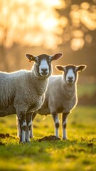 Fototapeta premium Two Sheep Grazing in a Sunny Field at Sunset.
