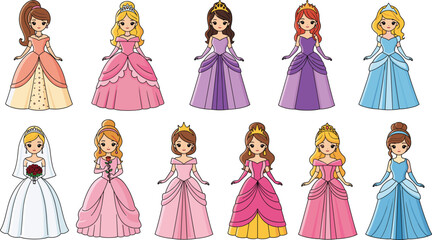 Large collection of cute princess characters in beautiful ball gowns and tiaras featuring diverse hair colors and styles in a flat cartoon illustration style. © Hosneara