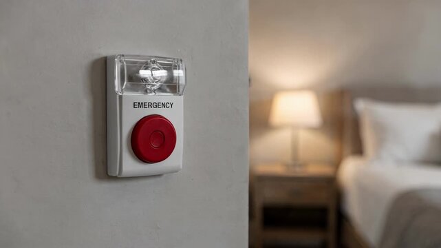 Sharp focus on a strobe alarm and call button combo in a bedroom hallway corner while a nightstand and lamp fade into the background portraying integrated emergency warning