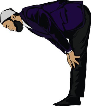 Clean vector illustration of a Muslim performing ruku (bowing) position in Islamic prayer. Suitable for religious education, Ramadan and Hajj themes, worship guides, posters, and spiritual content.