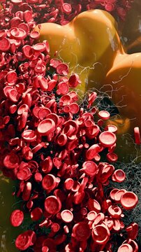 Fat cells and red blood cells, adipocyte and lipocyte, cholesterol in a cells, blocked vessel in high level of LDL (bad cholesterol) lipoprotein, risks of heart disease, metabolic syndrome