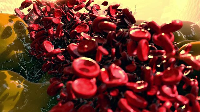 Fat cells and red blood cells, adipocyte and lipocyte, cholesterol in a cells, blocked vessel in high level of LDL (bad cholesterol) lipoprotein, risks of heart disease, metabolic syndrome