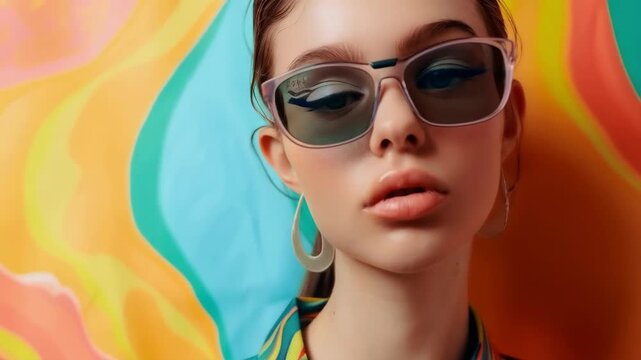 A stylish girl wearing fashionable sunglasses and large earrings against a backdrop of psychedelic waves will emphasise the dynamism of summer clothing collections, serving as the main backdrop for gl