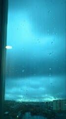 Obraz premium Close-up shot of a window with rain droplets, offering a view of a cloudy sky, illustrating a rainy day. Generative AI.
