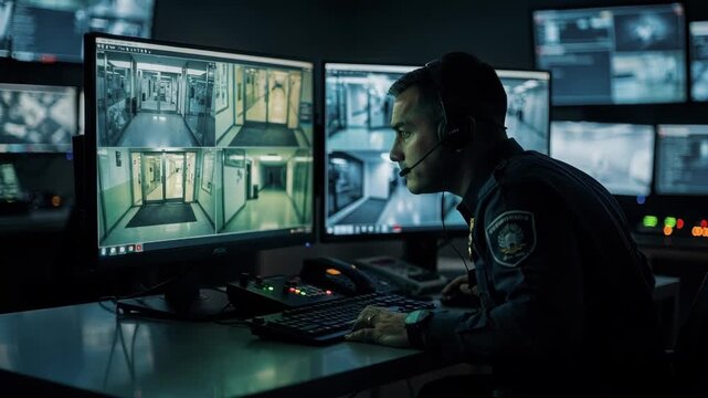Medium shot of security guard monitoring dual screens at a dimly lit control desk focusing on entry points while the surrounding room fades softly out of focus.