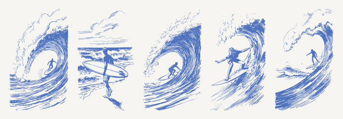 Fototapeta premium Powerful ocean wave surfer vintage hand drawn crayon sketch. Dynamic drawing line art set with curling sea and spray. Retro tropical summer sport illustration.