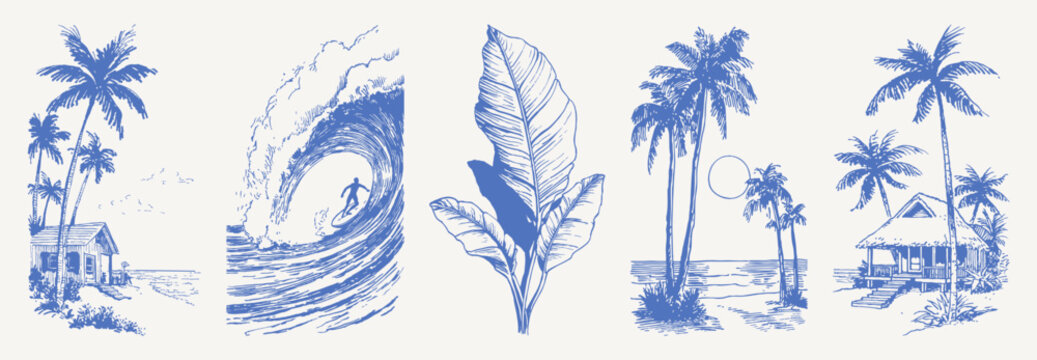 Coastal cabin surf vintage hand drawn crayon sketch. Line drawing collection with palms, banana leaf, curling wave and beach house. Graphic retro summer ocean scenes.