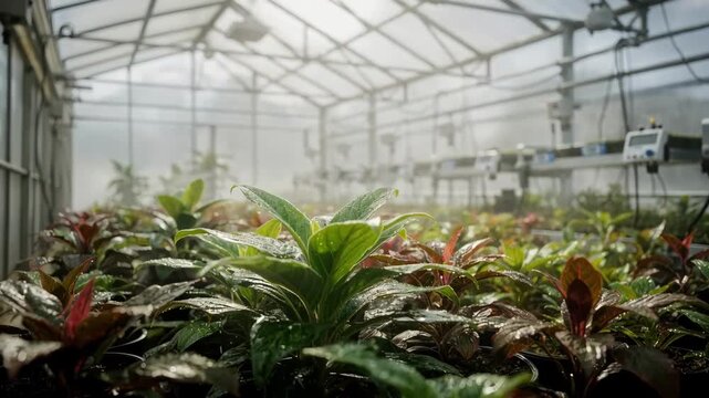 Propagation greenhouse with mist gently enveloping rare plant clusters focused plants contrasted against blurred rows of research instruments and trays.
