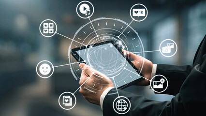 Naklejka na ściany i meble Concept of social media revolutionizes digital communication. This platform enables global connectivity, enhancing social media strategies for effective marketing and engagement. Gist