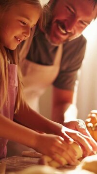 Father and Daughter Baking Together at Home in Warm Light