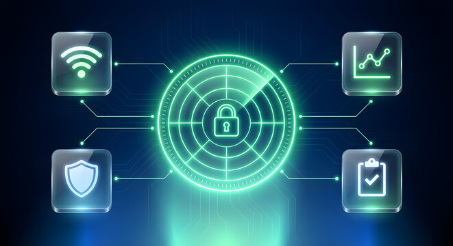cyber security radar scanning system with green glowing padlock icon and glass buttons for wifi connection data analytics and compliance protection on dark background