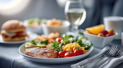 Airline meal tray with grilled salmon, salad, and assorted side dishes