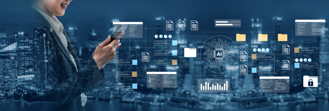 A business professional engages with a smartphone in a futuristic urban setting. Dynamic AI visualizations illustrate technology impact on the modern workplace. Gantry