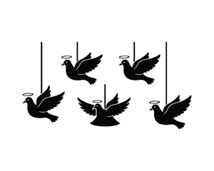 Five black dove silhouettes with halos hanging from strings on white background