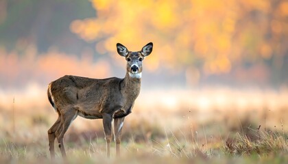 A roe deer stands alert in a field with a blurred autumnal background conveying a serene mood with natural lighting.