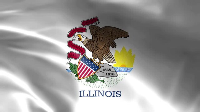 Waving State Flag of Illinois with State Seal and Bald Eagle on White Fabric Texture Background