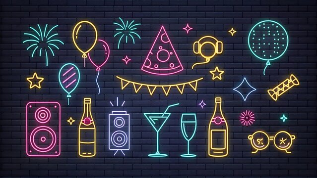 Neon festive icons glowing collection high resolution picture