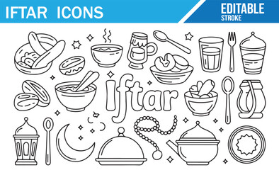 Iftar Icons Set, Ramadan Line Art, Editable Stroke Vector, Islamic Fasting Elements