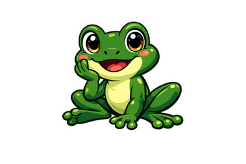 Obraz premium Cute green cartoon frog smiling and resting its head on a hand, happy amphibian character, transparent background