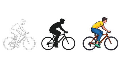 Obraz premium Set of three illustrations of a man riding a bicycle sketch, silhouette and full color drawing