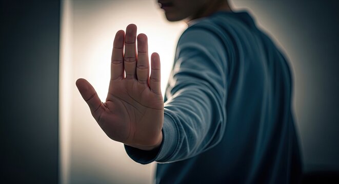 Man in blue shirt holding up hand in a stopping motion