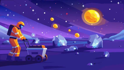 Fotobehang Violet Astronaut exploring a rocky alien landscape under a starry night sky  © Chapala