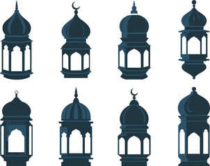 Obraz premium Traditional Arabic Lantern Icon Set: Dark Blue Silhouette Vector Collection of Islamic Fanous Lamps with Mosque Domes and Crescent Moon Details