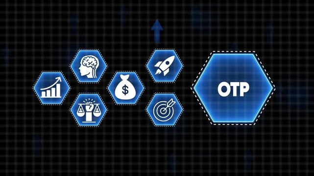 Business strategy icons including OTP text in a large hexagon on a dark grid background one-time password