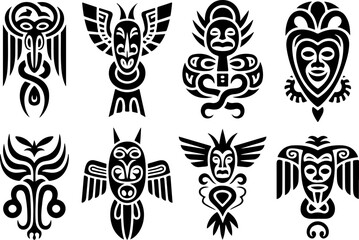 Tribal Wolf & Owl Totem Silhouette Set