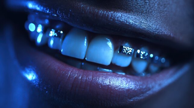 Sparkling grillz shine in blue light