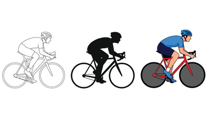 Obraz premium Evolution of cyclist illustration sketch, silhouette and full color vector graphic showing road biking posture and equipment