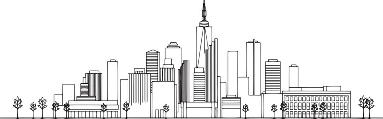 Obraz premium City landscape. Different buildings on street, outline cityscape hand sketch, flat houses. Hand drawn vector illustration