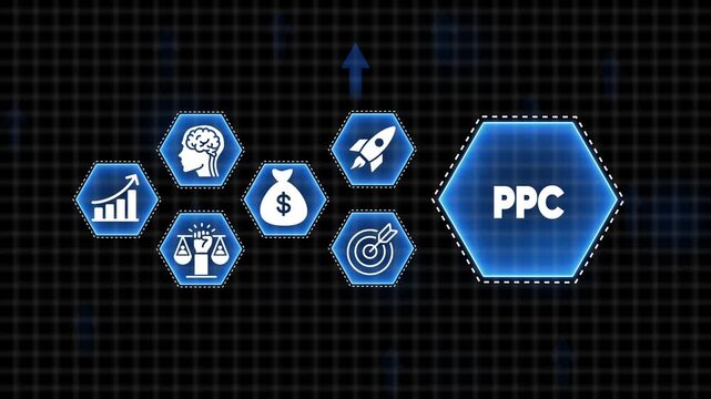 Digital marketing concept with PC icon and related business symbols in hexagons Keywords: PC, pay per click, digital marketing, advertising, online advertising, marketing strategy, business