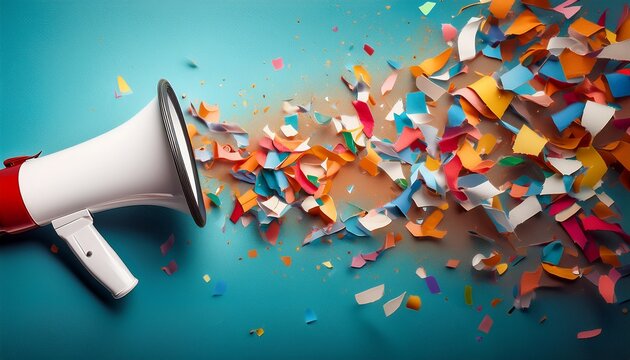 a megaphone with colorful confetti around share good news concept