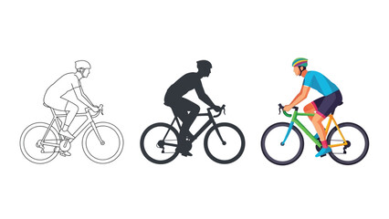 Naklejka premium Set of three bicycle rider illustrations outline drawing, silhouette and full color graphic