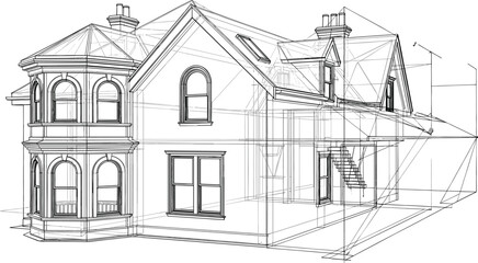 Fototapeta premium Traditional Victorian house 3D wireframe mesh with bay windows and gabled roof for architectural design and real estate