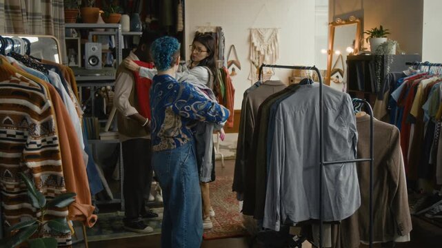 Two female thrift shop workers helping African American customer find fitting secondhand clothes