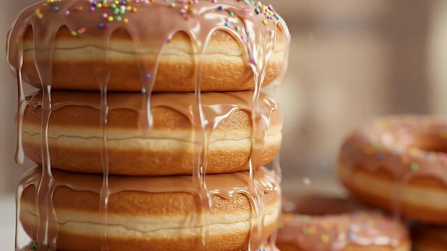 Delicious Stack of Glazed Donuts with Sprinkles Close Up.